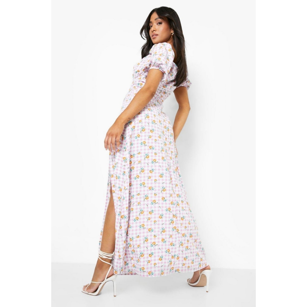 Puff sleeve floral gingham maxi dress - Picture 2 of 5